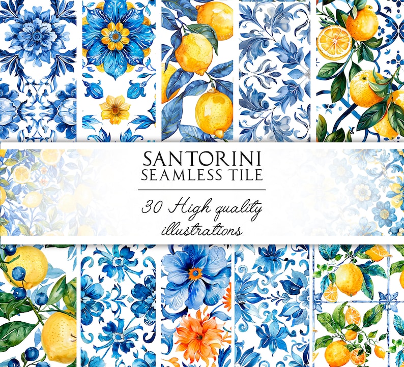May include: A set of 30 digital illustrations featuring seamless tile patterns inspired by Santorini, Greece. The patterns include blue and white floral designs, lemons, and traditional Greek motifs.