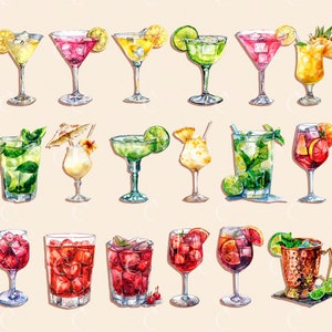 Pode incluir: Uma cole&ccedil;&atilde;o de 15 ilustra&ccedil;&otilde;es de aquarela de v&aacute;rios coquet&eacute;is e bebidas misturadas. As bebidas est&atilde;o em diferentes copos, incluindo copos de martini, copos altos e jarras. As bebidas s&atilde;o decoradas com frutas, ervas e outras guarni&ccedil;&otilde;es.