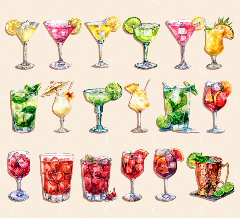 Pode incluir: Uma cole&ccedil;&atilde;o de 15 ilustra&ccedil;&otilde;es de aquarela de v&aacute;rios coquet&eacute;is e bebidas misturadas. As bebidas est&atilde;o em diferentes copos, incluindo copos de martini, copos altos e jarras. As bebidas s&atilde;o decoradas com frutas, ervas e outras guarni&ccedil;&otilde;es.