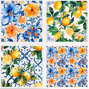 May include: Four seamless patterns featuring a blue and white floral design with yellow lemons or orange flowers. The patterns are perfect for fabric, wallpaper, or other decorative projects.