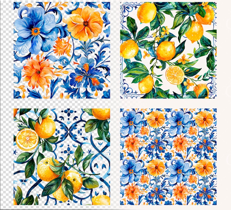 May include: Four seamless patterns featuring a blue and white floral design with yellow lemons or orange flowers. The patterns are perfect for fabric, wallpaper, or other decorative projects.