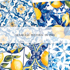 May include: A collection of seamless patterns featuring watercolor designs. The patterns include blue and white floral tile motifs, and illustrations of lemons with green leaves. The text "SEAMLESS PATTERN IN PNG" is visible.