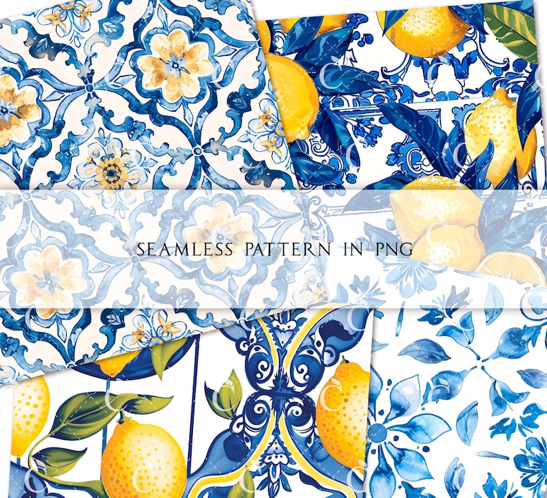 May include: A collection of seamless patterns featuring watercolor designs. The patterns include blue and white floral tile motifs, and illustrations of lemons with green leaves. The text "SEAMLESS PATTERN IN PNG" is visible.