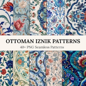May include: A selection of Ottoman Iznik patterns in shades of blue, red, and cream. The designs showcase floral and geometric motifs. The image includes the text "OTTOMAN IZNIk PATTERNS" and "40+ PNG Seamless Patterns."