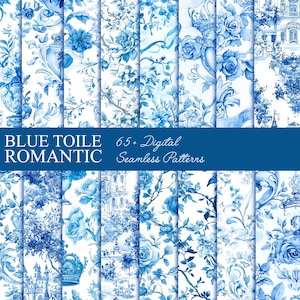 May include: A collection of 65+ digital seamless patterns featuring a blue and white toile design with floral motifs, a castle, and other decorative elements.  "Blue Toile Romantic" is written in blue text on a dark blue banner.