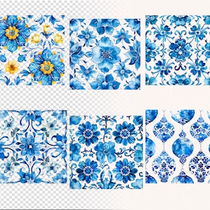 May include: Six different blue and white floral patterns. The patterns are all intricate and feature a variety of flowers, leaves, and swirls. The patterns are perfect for use in a variety of crafts, such as scrapbooking, card making, and fabric design.