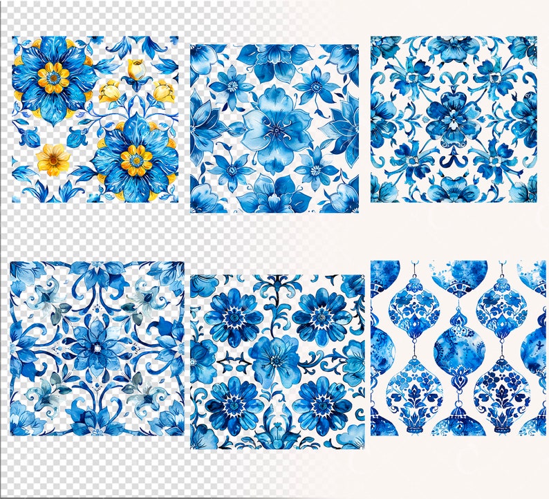 May include: Six different blue and white floral patterns. The patterns are all intricate and feature a variety of flowers, leaves, and swirls. The patterns are perfect for use in a variety of crafts, such as scrapbooking, card making, and fabric design.