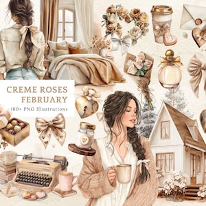 May include: A collection of watercolour illustrations with a romantic theme. The image includes a bed, roses, a house, a typewriter, and a woman with a cup. Text on the image reads "Creme Roses February 160+ PNG Illustrations."
