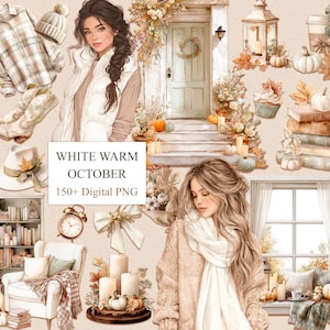 May include: Watercolor digital art featuring a fall theme with pumpkins, books, and a cozy aesthetic. The image includes a woman, a door, and various autumn-themed elements. Text on the image reads "WHITE WARM OCTOBER 150+ Digital PNG."