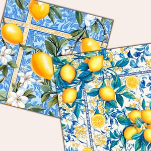 May include: Two fabric squares with a lemon and floral design. The fabric features bright yellow lemons, white flowers, and green leaves against a blue and white background. The design has a vintage, botanical theme.