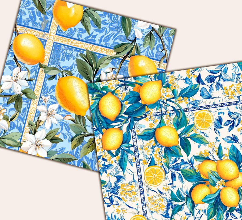 May include: Two fabric squares with a lemon and floral design. The fabric features bright yellow lemons, white flowers, and green leaves against a blue and white background. The design has a vintage, botanical theme.