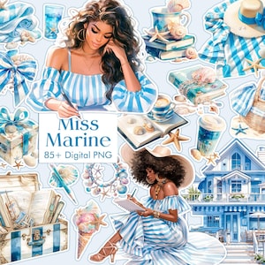 May include: Digital PNG graphic set with a coastal theme. The image features illustrations of a woman, beach accessories, and the text "Miss Marine 85+ Digital PNG". The color palette includes shades of blue, white, and beige.