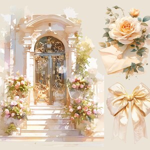 May include: A watercolor painting of a white door with ornate ironwork, surrounded by lush greenery and flowers. The door is open, revealing a set of stairs leading up to a building. The painting is in a soft, romantic style.