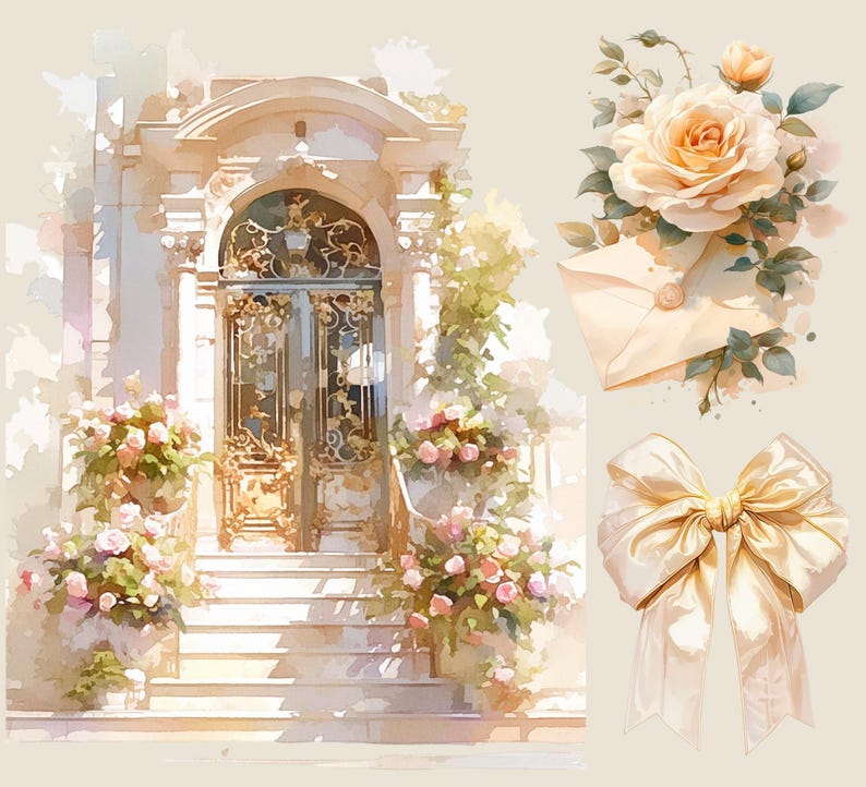 May include: A watercolor painting of a white door with ornate ironwork, surrounded by lush greenery and flowers. The door is open, revealing a set of stairs leading up to a building. The painting is in a soft, romantic style.