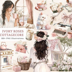 May include: A watercolour illustration with a cottagecore theme. Depicts a woman, a cat, roses, a typewriter, and other elements in soft pink and ivory tones. Text reads "IVORY ROSES COTTAGECORE 180+ PNG Illustrations."