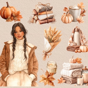 May include: Watercolor illustration featuring a woman in a brown jacket and white sweater, surrounded by autumn-themed elements. Includes pumpkins, fall leaves, a stack of firewood, a mug of coffee, and cozy blankets.