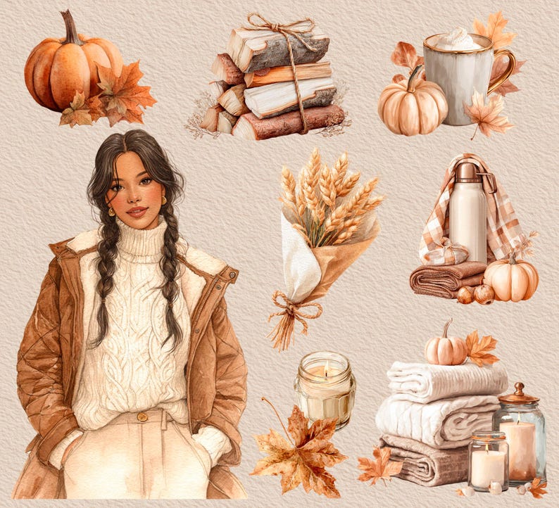 May include: Watercolor illustration featuring a woman in a brown jacket and white sweater, surrounded by autumn-themed elements. Includes pumpkins, fall leaves, a stack of firewood, a mug of coffee, and cozy blankets.