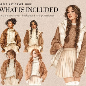 May include: Watercolor illustrations of women in fall outfits. The images include women wearing brown quilted jackets, cream-colored sweaters, pleated skirts, and white vests. The text "WHAT IS INCLUDED" and "PNG objects without background in high resolution" is visible.