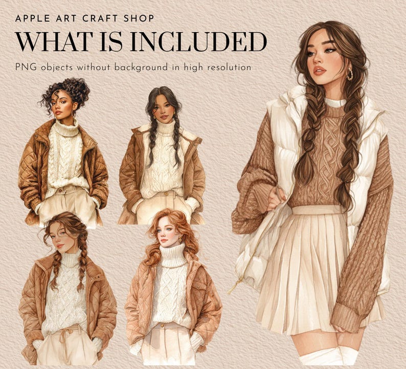 May include: Watercolor illustrations of women in fall outfits. The images include women wearing brown quilted jackets, cream-colored sweaters, pleated skirts, and white vests. The text "WHAT IS INCLUDED" and "PNG objects without background in high resolution" is visible.