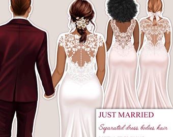 May include: Digital illustration of a wedding couple and two bridesmaids. The bride is wearing a white lace wedding dress with a floral hairpiece. The groom is wearing a burgundy suit. The bridesmaids are wearing pink lace dresses. The text "JUST MARRIED" is at the bottom of the image.
