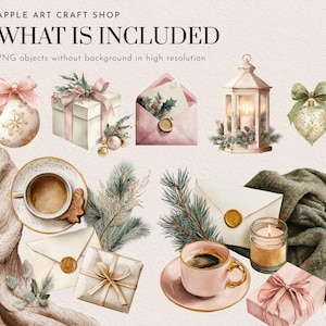 May include: Watercolor illustration with the text "WHAT IS INCLUDED". The image features a collection of holiday-themed elements, including ornaments, gifts, envelopes, a lantern, coffee cups, and a candle, all in soft, muted colors.
