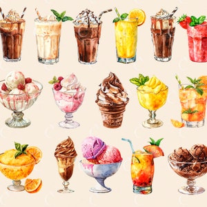 Pode incluir: Uma cole&ccedil;&atilde;o de ilustra&ccedil;&otilde;es de aquarela de v&aacute;rios doces e bebidas, incluindo sorvetes, sund&eacute;s, milk-shakes, smoothies e coquet&eacute;is. As ilustra&ccedil;&otilde;es s&atilde;o em um estilo caprichoso e apresentam cores brilhantes e detalhes divertidos.
