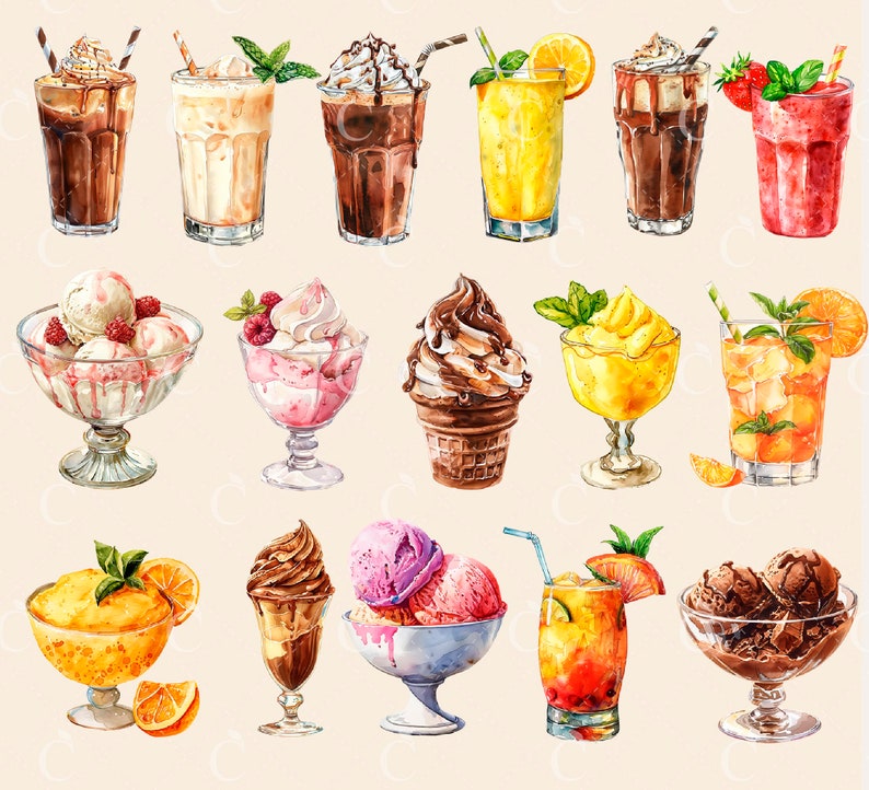 Pode incluir: Uma cole&ccedil;&atilde;o de ilustra&ccedil;&otilde;es de aquarela de v&aacute;rios doces e bebidas, incluindo sorvetes, sund&eacute;s, milk-shakes, smoothies e coquet&eacute;is. As ilustra&ccedil;&otilde;es s&atilde;o em um estilo caprichoso e apresentam cores brilhantes e detalhes divertidos.
