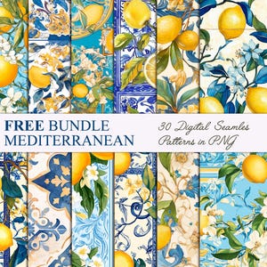 Clipart di limoni ad acquerello, motivo senza soluzione di continuità di piastrelle mediterranee, clipart estive, clipart di olive, ghirlanda di limoni, piastrelle blu e bianche, clipart di nozze