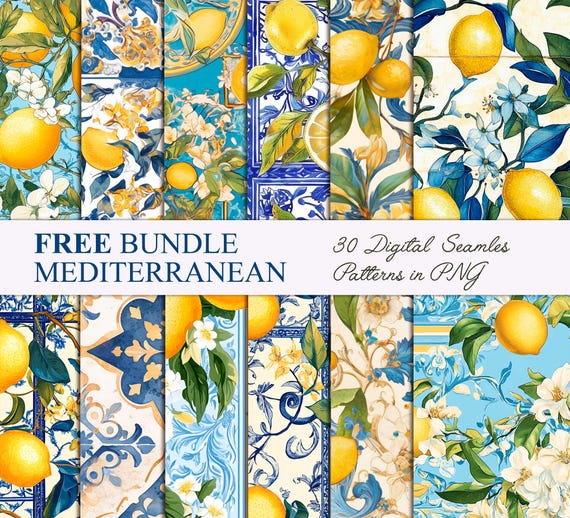Watercolor Lemon clipart, Mediterranean Tile Seamless Pattern,Summer Clipart, Olives Clipart, Lemon Wreath, blue white tile, wedding clipart