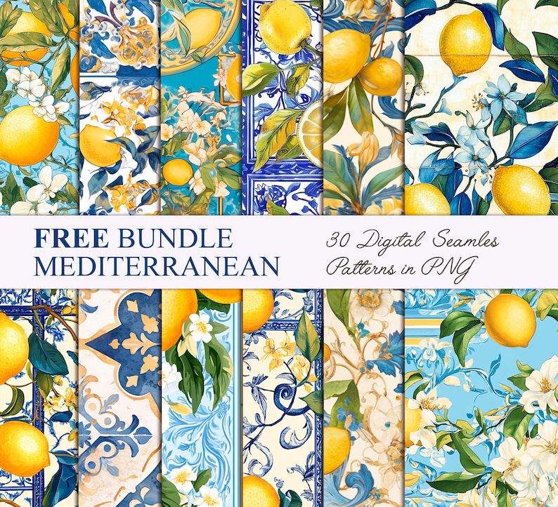 May include: A selection of digital seamless patterns with a Mediterranean theme. The patterns feature lemons, flowers, and blue and yellow tile designs. The text reads "FREE BUNDLE MEDITERRANEAN" and "30 Digital Seamless Patterns in PNG."