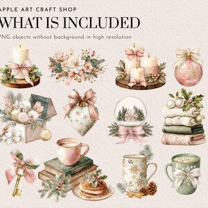 May include: Watercolor illustrations of Christmas and winter-themed objects. Includes candles, ornaments, a snow globe, stacked blankets, a teacup, books, and a key. The text "WHAT IS INCLUDED" is at the top.