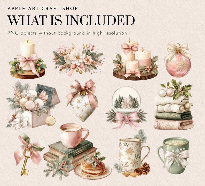 May include: Watercolor illustrations of Christmas and winter-themed objects. Includes candles, ornaments, a snow globe, stacked blankets, a teacup, books, and a key. The text "WHAT IS INCLUDED" is at the top.