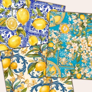 May include: Four patterned papers featuring lemon and floral designs. One paper has a blue and white tile pattern with lemons. Another has a turquoise background with white flowers and lemons. The other two papers have a cream and blue background with lemons and leaves.