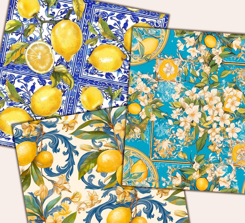 May include: Four patterned papers featuring lemon and floral designs. One paper has a blue and white tile pattern with lemons. Another has a turquoise background with white flowers and lemons. The other two papers have a cream and blue background with lemons and leaves.