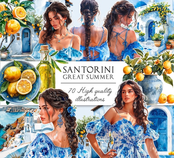 Santorini clipart, Mediterranean Watercolor Clipart Bundle, Lemon clipart, Vacation girl clipart, Blue and White Tiles, Amalfi coast clipart