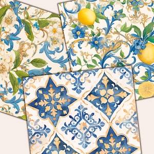 May include: Four patterned papers with floral and lemon designs. One features blue and white flowers with gold accents. Another showcases lemons, blue flowers, and green leaves. The third has a blue and gold geometric tile pattern. The fourth has white flowers and blue accents.