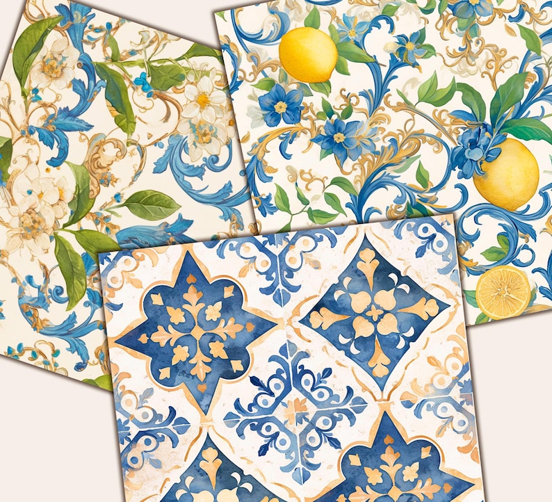 May include: Four patterned papers with floral and lemon designs. One features blue and white flowers with gold accents. Another showcases lemons, blue flowers, and green leaves. The third has a blue and gold geometric tile pattern. The fourth has white flowers and blue accents.
