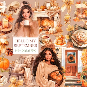Op de afbeelding: Waterverfillustratie met een herfstthema. Met pompoenen, kaarsen, een open haard en de tekst "HELLO MY SEPTEMBER 140+ Digital PNG". De afbeelding heeft een warm kleurenpalet.