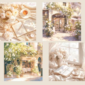 May include: A collage of four images featuring a white floral theme. The first image shows a white knitted blanket with a book and a cup of coffee. The second image shows a white building with a white door and white flowers. The third image shows a white building with a white door and white flowers. The fourth image shows a white window with white curtains and a book and a cup of coffee.