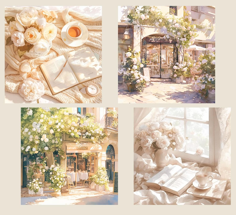 May include: A collage of four images featuring a white floral theme. The first image shows a white knitted blanket with a book and a cup of coffee. The second image shows a white building with a white door and white flowers. The third image shows a white building with a white door and white flowers. The fourth image shows a white window with white curtains and a book and a cup of coffee.