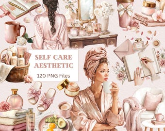 Agenda glamour ad acquerello, Clipart per la cura di sé, SPA, Relax, Amore per se stessi, Mattina, PNG, Scrapbooking, Adesivi digitali per spa, PNG per la cura di sé, Agenda boho