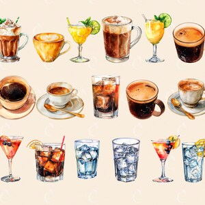 Pode incluir: Uma ilustra&ccedil;&atilde;o em aquarela de v&aacute;rias bebidas, incluindo caf&eacute;, coquet&eacute;is e bebidas geladas. As bebidas s&atilde;o representadas em uma variedade de copos e canecas, algumas com cubos de gelo e guarni&ccedil;&otilde;es.