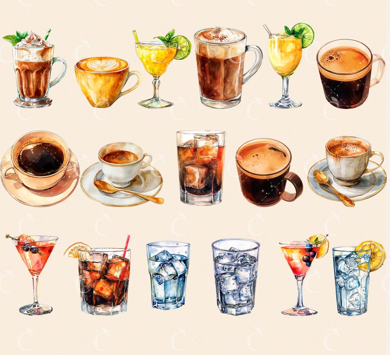 Pode incluir: Uma ilustra&ccedil;&atilde;o em aquarela de v&aacute;rias bebidas, incluindo caf&eacute;, coquet&eacute;is e bebidas geladas. As bebidas s&atilde;o representadas em uma variedade de copos e canecas, algumas com cubos de gelo e guarni&ccedil;&otilde;es.