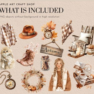 May include: Watercolor illustration with autumn-themed elements. Includes a plaid shirt, a brown hat with a bow, a vintage clock, a rocking chair, a cat, boots, a wreath, a woman, and the text "WHAT IS INCLUDED".