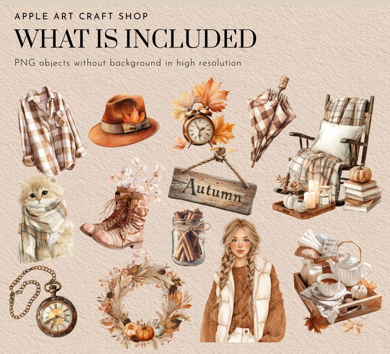May include: Watercolor illustration with autumn-themed elements. Includes a plaid shirt, a brown hat with a bow, a vintage clock, a rocking chair, a cat, boots, a wreath, a woman, and the text "WHAT IS INCLUDED".
