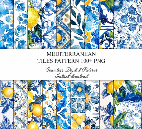 Watercolor Lemon clipart, Mediterranean Tile Seamless Pattern,Summer Clipart, Olives Clipart, Lemon Wreath, blue white tile, wedding clipart