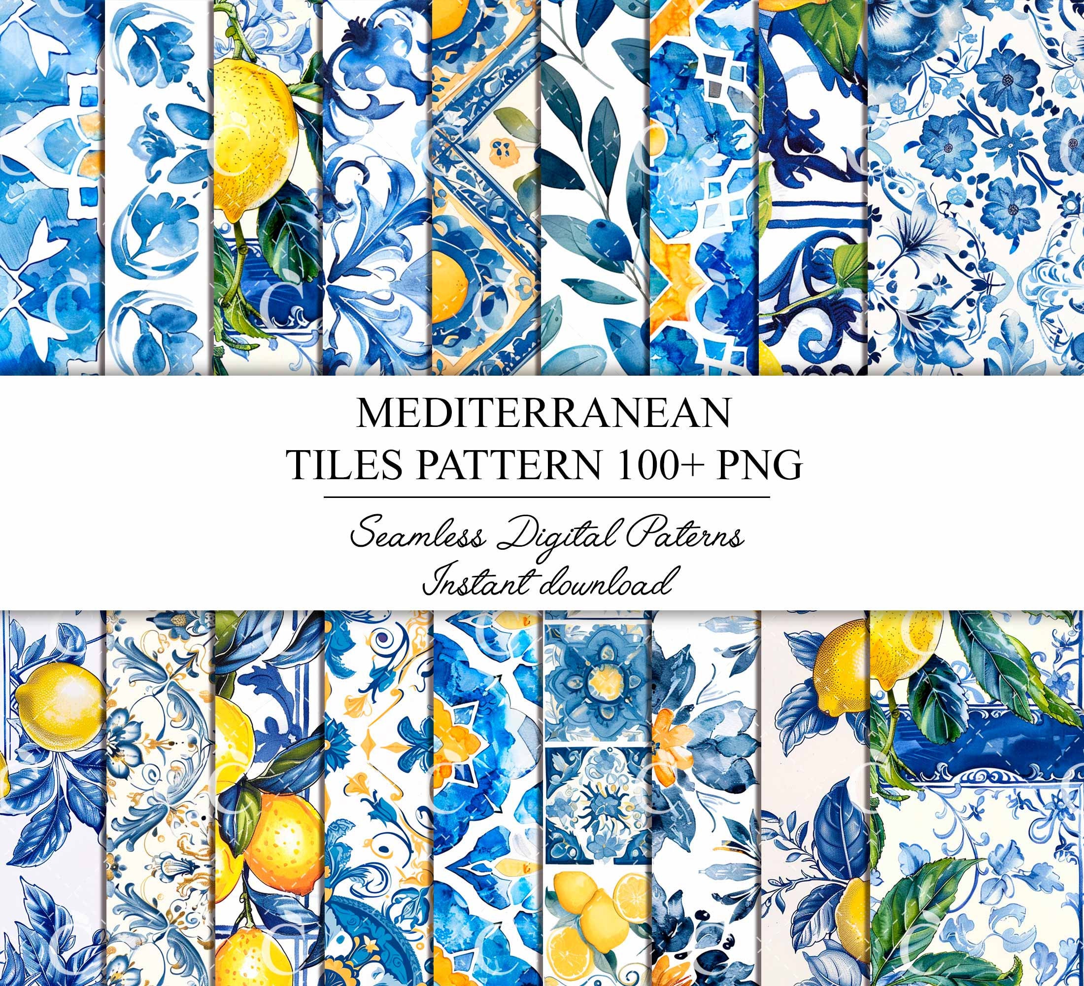 Imágenes prediseñadas de limón en acuarela, patrón sin costuras de azulejos mediterráneos, imágenes prediseñadas de verano, imágenes prediseñadas de aceitunas, corona de limón, azulejos azules y blancos, imágenes prediseñadas de boda