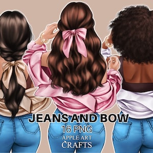 May include: Three women with different hairstyles wearing blue jeans and tops with bows. The woman on the left is wearing a beige top with a brown bow, the woman in the middle is wearing a pink top with a pink bow, and the woman on the right is wearing a white top with a black bow. The text "JEANS AND BOW 16 PNG APPLE ART CRAFTS" is at the bottom of the image.