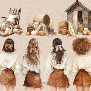 May include: Watercolor illustration featuring four women in white sweaters and brown skirts, with various hairstyles and bows. The background includes fall-themed elements like pumpkins, hay bales, a rocking chair, and a small wooden cabin.