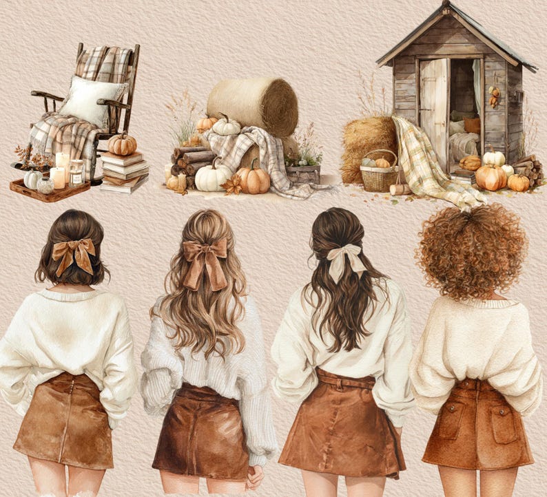 May include: Watercolor illustration featuring four women in white sweaters and brown skirts, with various hairstyles and bows. The background includes fall-themed elements like pumpkins, hay bales, a rocking chair, and a small wooden cabin.